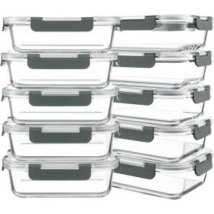 imageKOMUEE 10 Packs 30 oz Glass Meal Prep ContainersGlass Food Storage Containers with LidsAirtight Glass Lunch Bento BoxesMicrowave Oven Freezer and DishwasherWhiteGray
