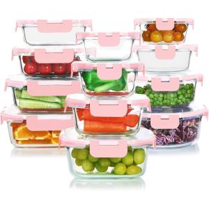 imageKOMUEE 24 Pieces Glass Food Storage Containers SetMeal Prep ContainersStackable Airtight Glass Storage Containers with lidsFreezer Microwave Oven SafeGrayPink