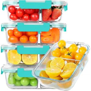 imageKOMUEE 30 oz 5 Pack Glass Meal Prep Containers 2 Compartments Glass Food Storage Containers with Lids Airtight Lunch Box Microwave Oven and Freezer Safe White30oz Green
