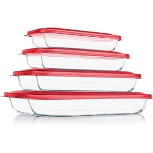 imageKOMUEE 8 Pieces Glass Baking Dish with Lids Rectangular Glass Baking Pan Bakeware Set with BPA Free Lids Baking Pans for Lasagna Leftovers Cooking Kitchen FridgetoOven GreenRed