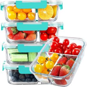 imageKOMUEE Glass Meal Prep Containers 3 Compartments 5 Pack 36 oz Glass Food Storage Containers with Lids Airtight Lunch Bento Box Portion Control Freezer and Microwave Safe White3Compartment Green