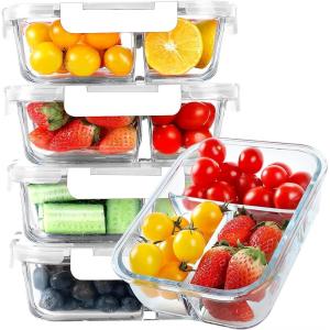 imageKOMUEE Glass Meal Prep Containers 3 Compartments 5 Pack 36 oz Glass Food Storage Containers with Lids Airtight Lunch Bento Box Portion Control Freezer and Microwave Safe White3Compartment White