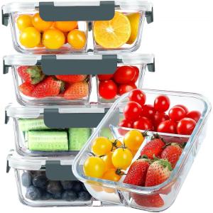 imageKOMUEE Glass Meal Prep Containers 3 Compartments 5 Pack 36 oz Glass Food Storage Containers with Lids Airtight Lunch Bento Box Portion Control Freezer and Microwave Safe White3Compartment Gray