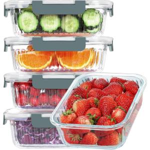 imageKOMUEE 5 Packs 36 oz Glass Food Storage Containers Glass Meal Prep Containers with Lids Airtight Glass Lunch Bento Boxes Microwave Freezer and Dishwasher FriendlyFluted Gray