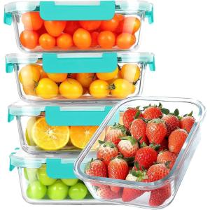 imageKOMUEE 5 Packs 36 oz Glass Food Storage Containers Glass Meal Prep Containers with Lids Airtight Glass Lunch Bento Boxes Microwave Freezer and Dishwasher FriendlyGreen