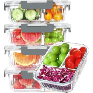 imageKOMUEE Glass Meal Prep Containers 3 Compartment with lids 5 Pack 36 oz Airtight Food Storage Glass Lunch Bento Box Dishwasher and Microwave SafeGrayGray